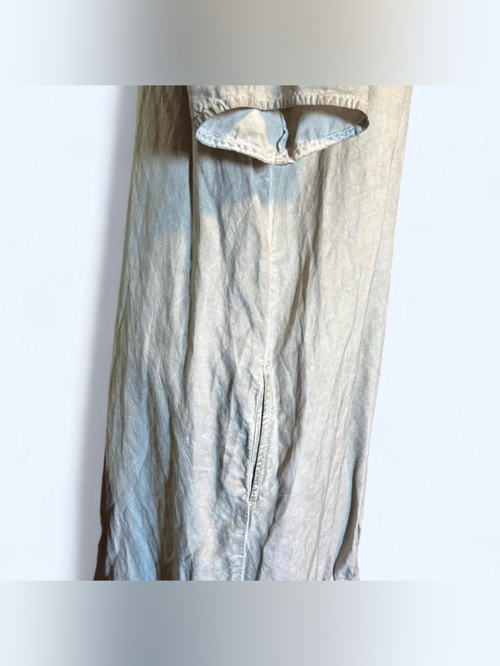 GRIZAS Silk Linen Balloon Dress L Beige Taupe Short Sleeve Pockets Crinkle Midi - Picture 3 of 6